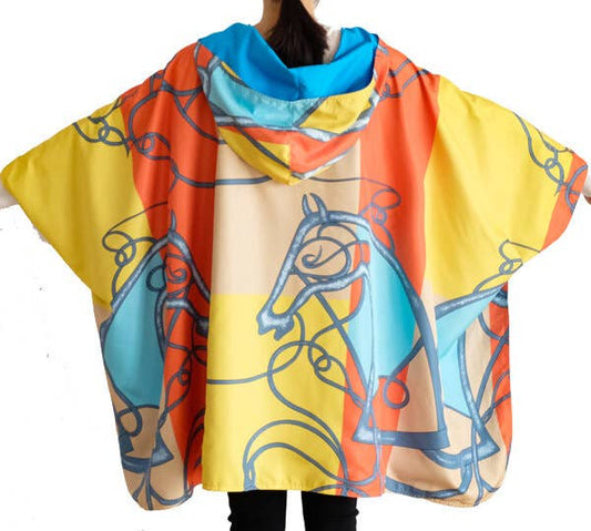 Equestrian Turq/Orange Reversible Rain Cape - Swirling Horse