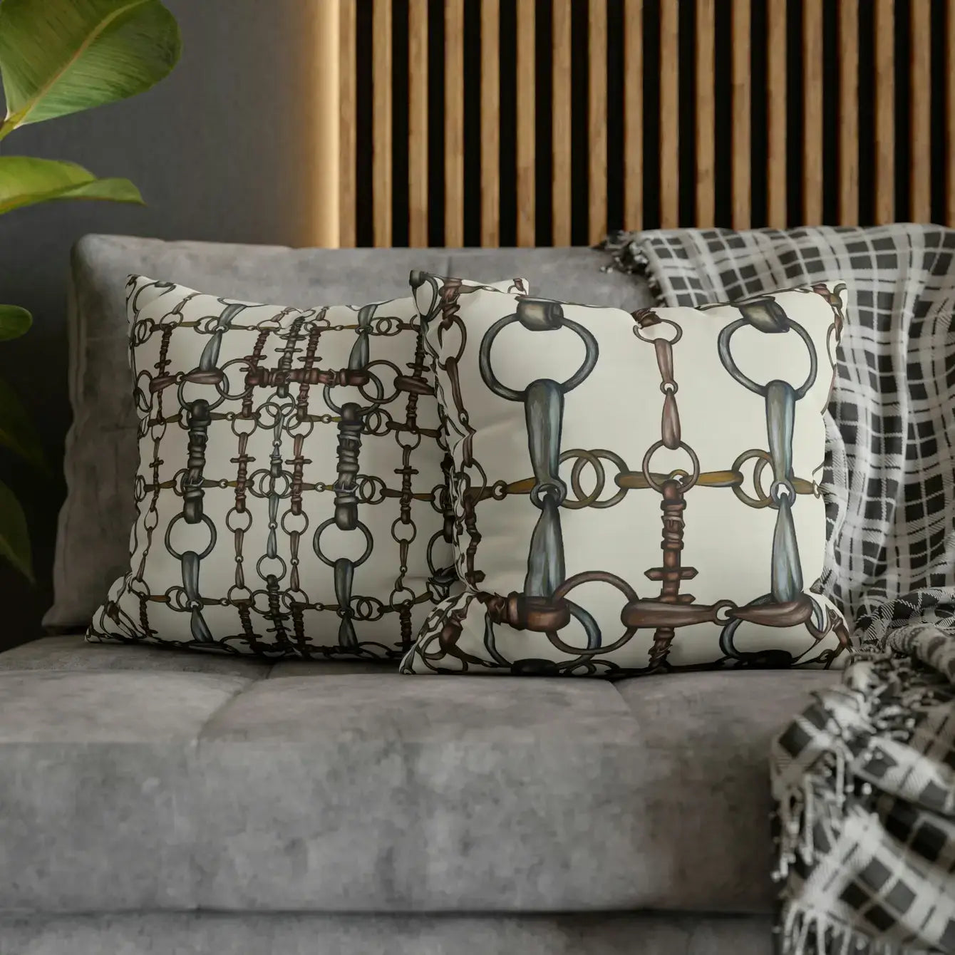 Double Sided Ivory Equestrian Bit Pattern Pillow Case