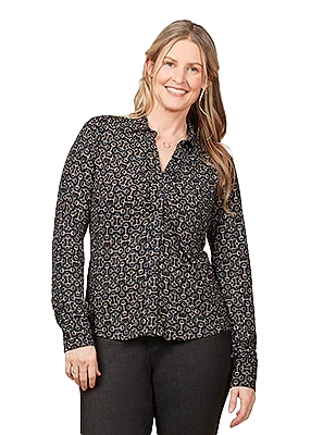 EQL Ruched Button Front Long Sleeve Shirt - Black Mixed Bits