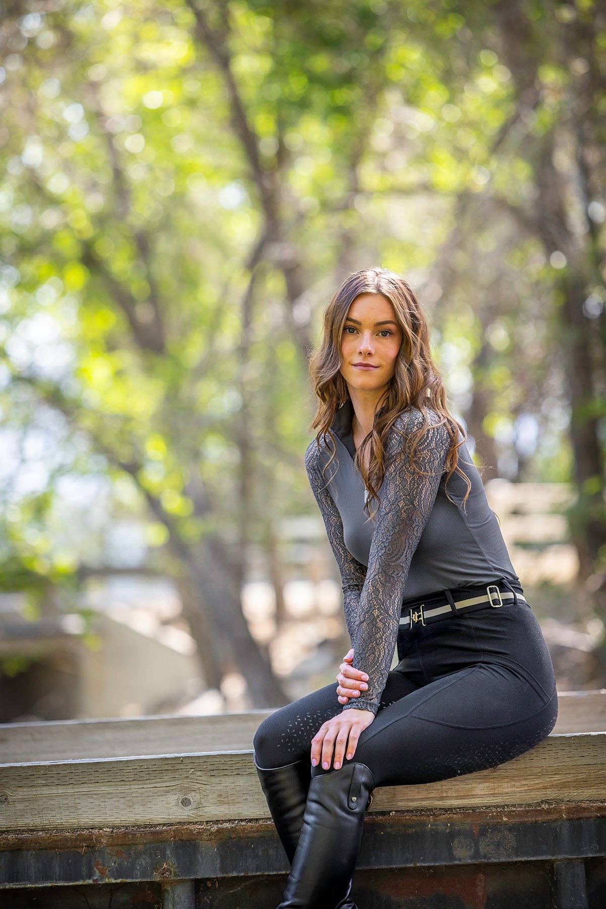 Long Sleeve Slate Floral Lace Raglan 1/4 Zip Top