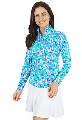 IBKUL Darling Sail Print Long Sleeve Mock Neck Top -Turquoise