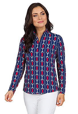 IBKUL Vic Print Long Sleeve Mock Neck Top - Navy/Red