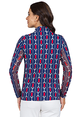 IBKUL Vic Print Long Sleeve Mock Neck Top - Navy/Red