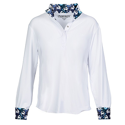 Ovation® Ellie Child's Tech Show Shirt - White/Blue Whims Horses