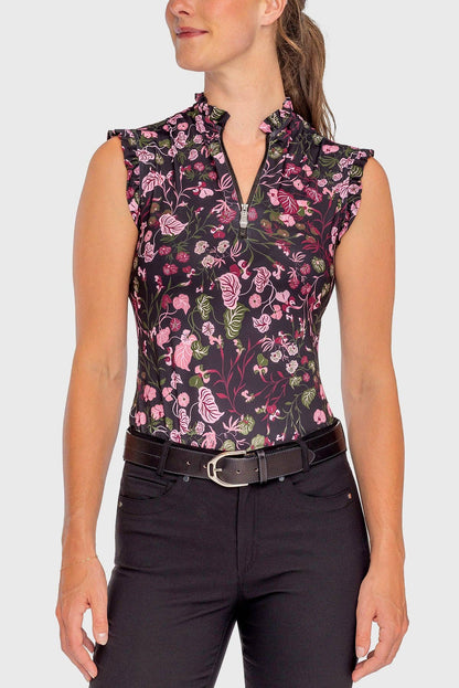 Sleeveless Black Modern Begonia Ruffle Tank 1/4 Zip Sun Shirt