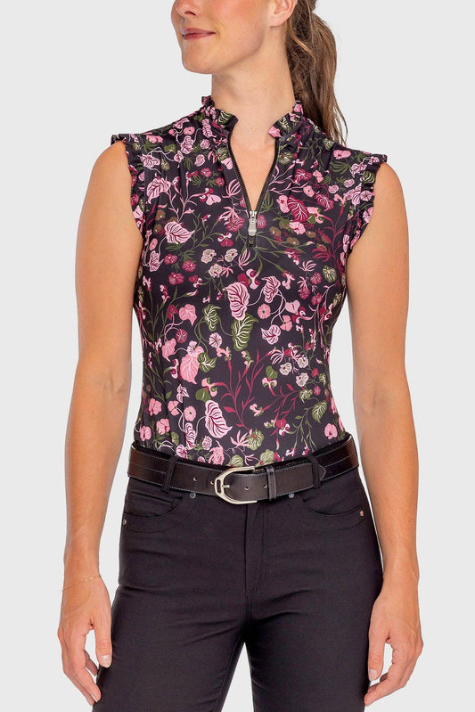 Sleeveless Black Modern Begonia Ruffle Tank 1/4 Zip Sun Shirt