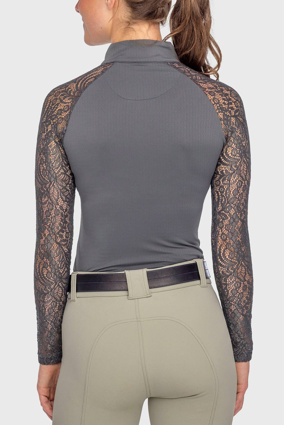 Long Sleeve Slate Floral Lace Raglan 1/4 Zip Top