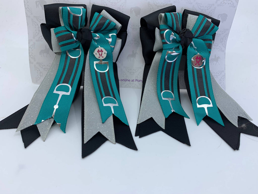 PonyTail Bows- Black/Gray Blue Bits
