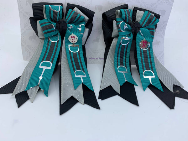 PonyTail Bows- Black/Gray Blue Bits