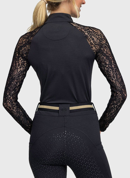 Long Sleeve Black Floral Lace Raglan With Gold 1/4 Zip