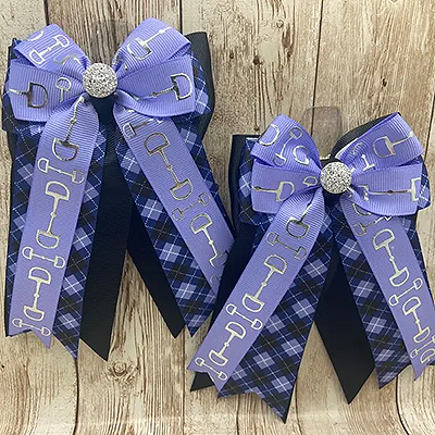 Benny Bows Horse Show Bows - Periwinkle Bits on Purple Argyle Plaid