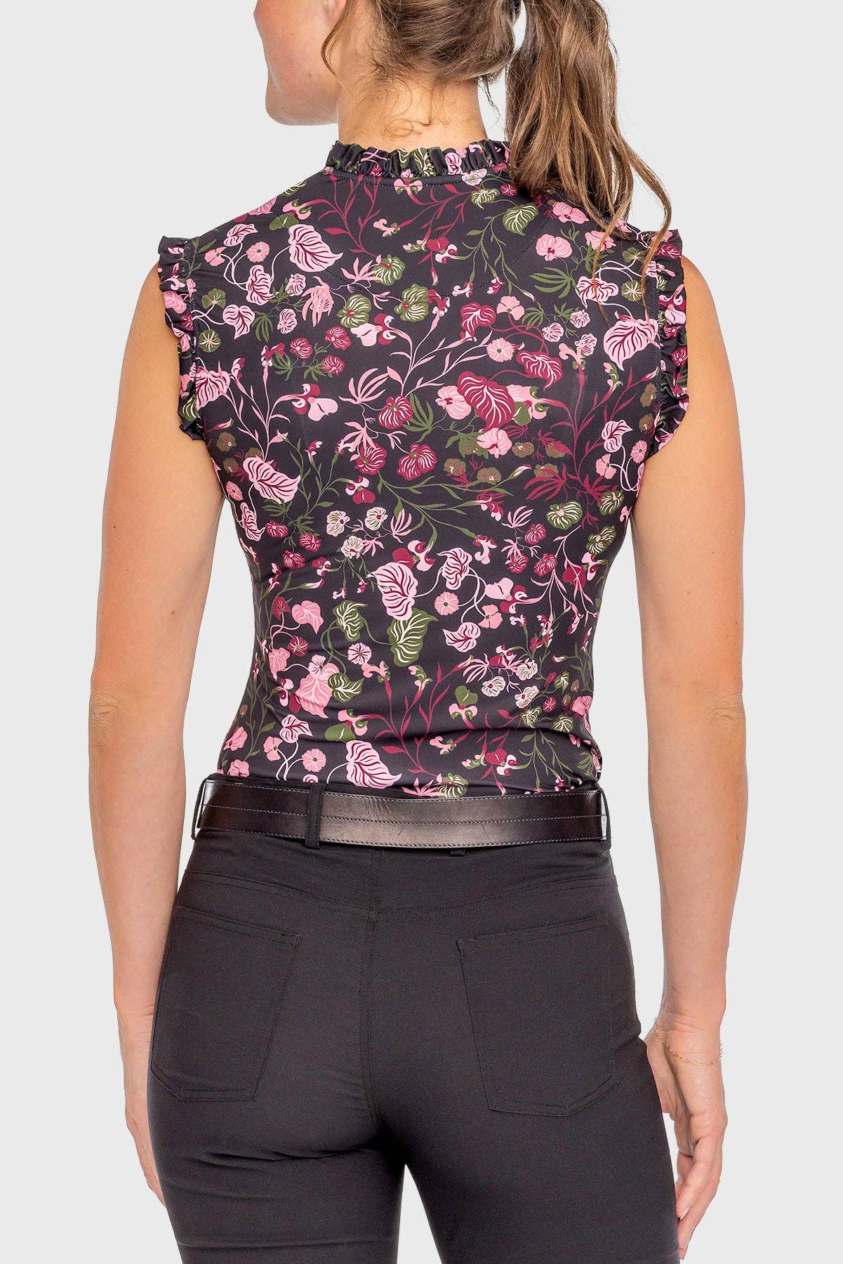 Sleeveless Black Modern Begonia Ruffle Tank 1/4 Zip Sun Shirt
