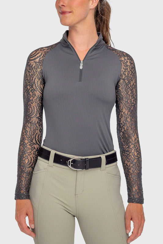 Long Sleeve Slate Floral Lace Raglan 1/4 Zip Top