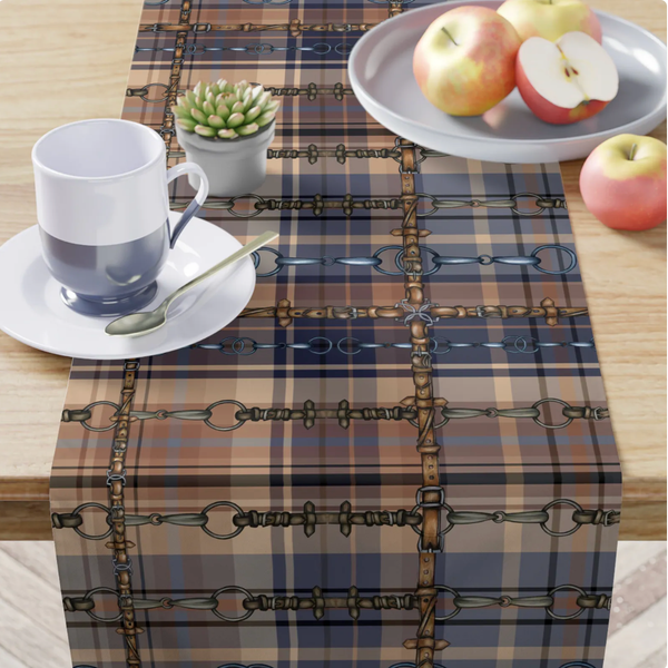 Brown and Blue Elegant Equestrian Table Runner, Dining Decor
