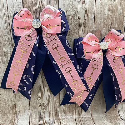 Benny Bows Horse Show Bows - Pink bits with Navy and Pink Horse Shoes