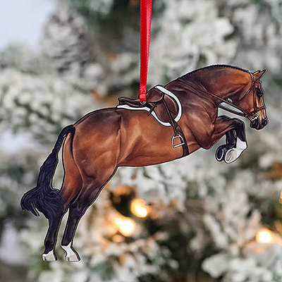 Classy Equine Ornaments - Bay Hunter Jumper Takeoff
