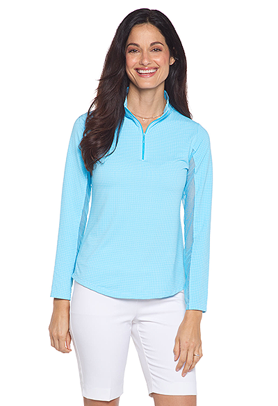 IBKUL Mini Check Long Sleeve Mock Neck Top - Turquoise/White