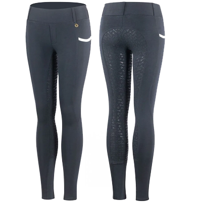 Horze Lucinda Kids High Waist Silicon Full Seat Tights - Navy Dark Blue