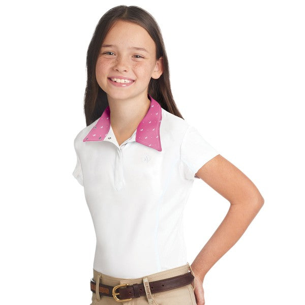 Ovation Ellie Child's Tech Show Shirt- Short Sleeve - White/Pink Horses