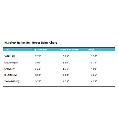 KL Select Italian Bell Boots Size Chart